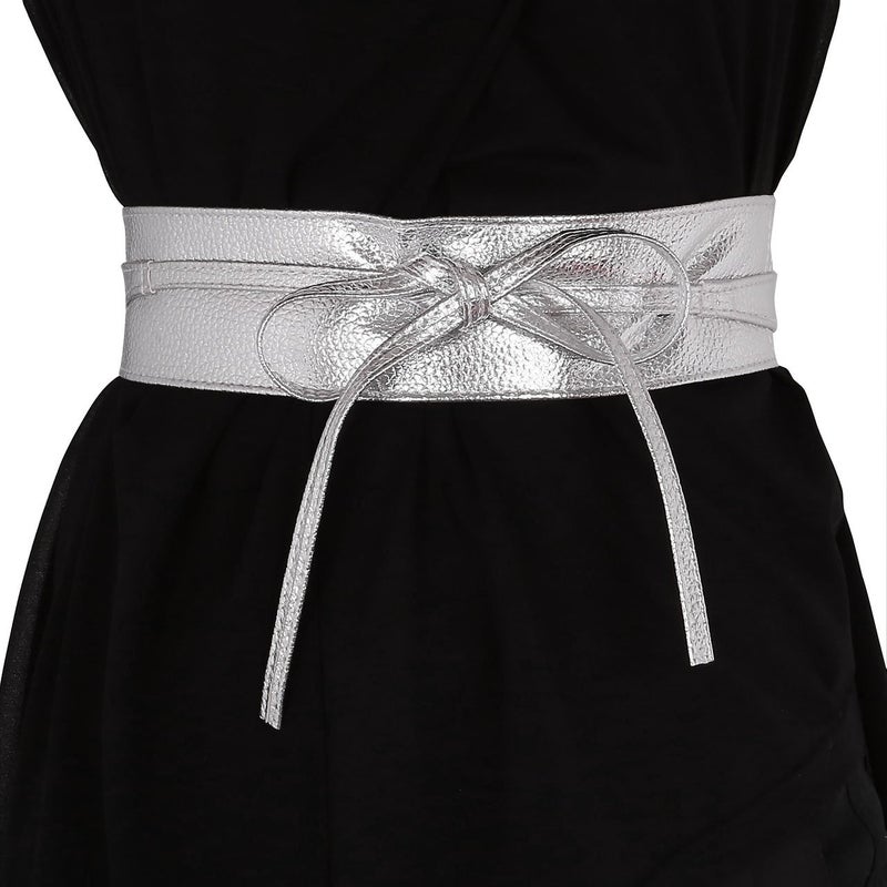 Ayliss Women Soft Leather Obi Belt Self Tie Wrap Cinch Belt,Silver - Image 3